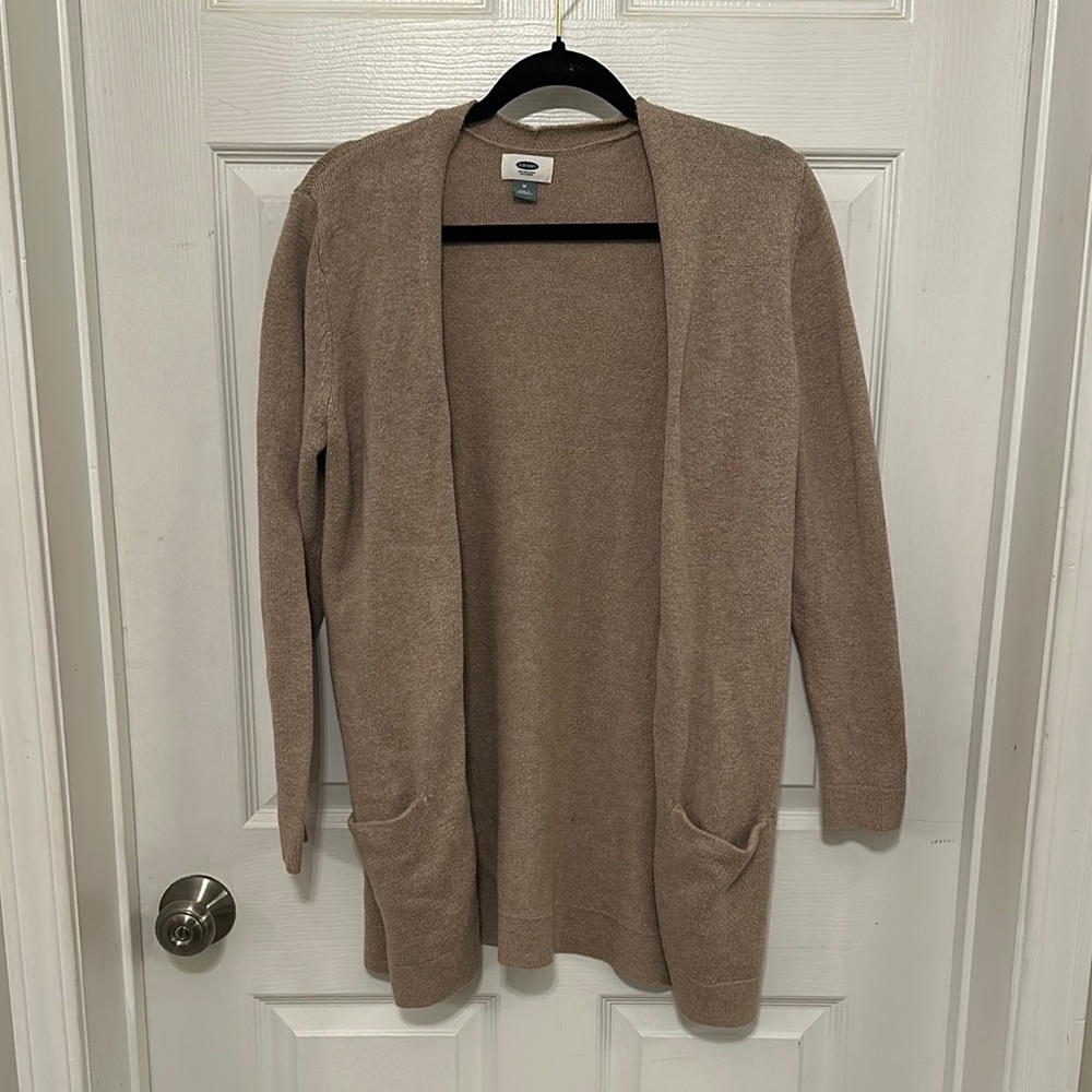 Cozy Tan/ Pink Open-Front Sweater